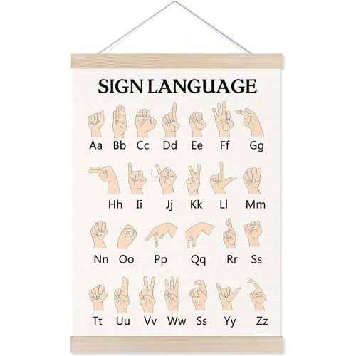 Welshower Sign Language Alphabet Poster Hanger Frame, ASL Alphabet Special Educational Wall Art Prints Decor for Classroom Toddler Kids Bedroom Nursery Playroom Framed, 12x16 Inch