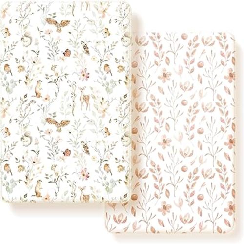 Pack n Play Sheets FItted 2 Pack, Stretchy Ultra Soft Jersey Knit Pack and Play Sheets, Universal Fitted Portable/Mini Crib Mattresses Snug and Safe, Beautiful Blush Pink Floral and Cute Animals Print
