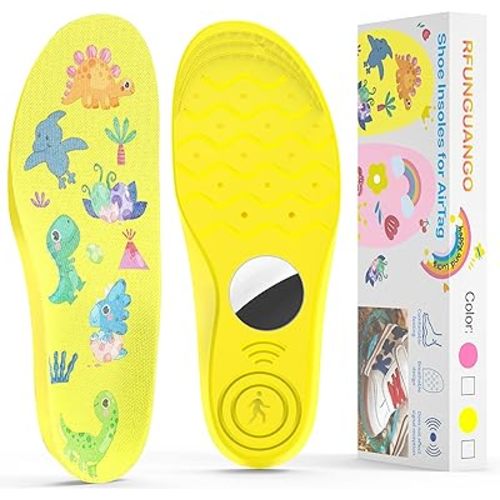 RFUNGUANGO Insoles for Airtag Hidden Holder, Tracker Devise Case for Kids, Comfortable Inserts for Shoes，Yellow Dinosaur (Yellow, 8.46-9.05IN Big Kid 2-M's 5/W's 7)