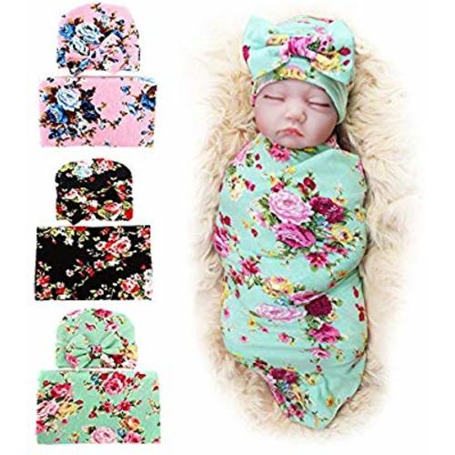 3 Pack BQUBO Newborn Floral Receiving Blankets Newborn Baby Swaddling with Headbands or Hats Sleepsack Toddler Warm - 3 Pack a With Hats
