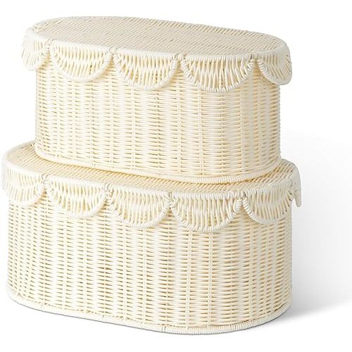 GRANNY SAYS Plastic Wicker Storage Basket with Lids, Woven Scalloped Baskets for Organizing, Decorative Box with Scalloped Edge, Wicker Box for Shelves, Nursery, Bathroom, Living Room