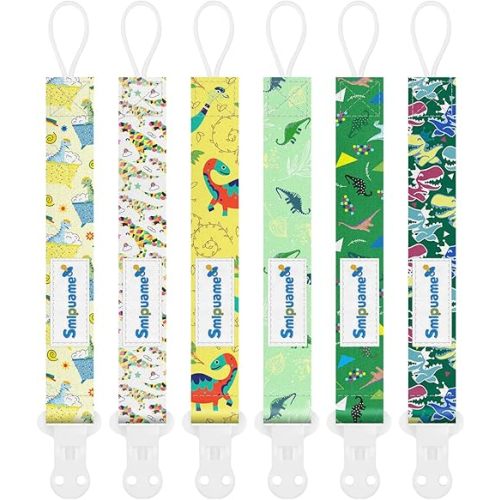 Smlpuame Baby Pacifier Clip for Boys Girl,6 Pack Stylish Binky Clips Strap,Paci Holder with Clips Universal Lightweight Fits Most Pacifiers Teeher Toy Teething Ring Soothie,Baby Gifts(Dinosaur)