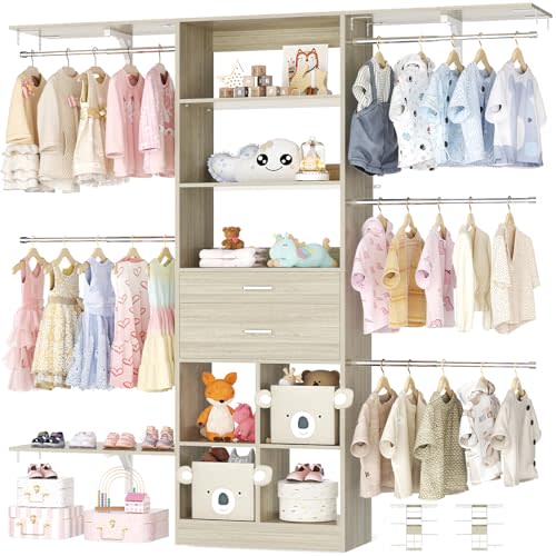5FT Small Closet System, Baby Closet Organizer System with Wooden Drawers, 60 Inches Walk in Closet System with 5 Hanging Rods and 3 Reversible Hanging Shelving, Greige Oak