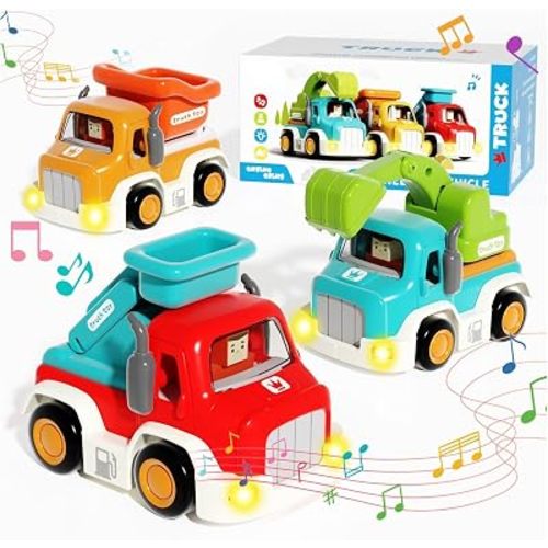 Toy Cars for Toddlers 1-3, Friction Powered, Light & Sound Toddler Car Toys with Mini Trucks (Excavator, Dumper, Fire), Early Educational Gift for Boys Girls (3 Pack)
