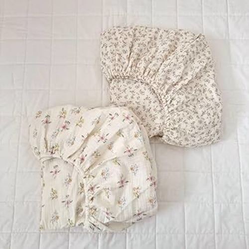 BuLuTu Muslin Floral Print Crib Sheets 2 Pack, Soft Breathable 100% Cotton Neutral Fitted Sheets Set for Standard Crib Mattress & Toddler Mattress 52"x28", Camellia & Azalea
