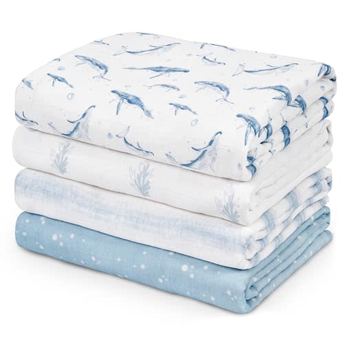 CIVARUA KIDS Muslin Swaddle Blankets for Newborn, 4 Pack Cotton Baby Blankets for Boys, Large 31.5 x 43.3 Breathable Soft Receiving Blanket, Essentials Swaddle Wrap Burping Clothes, Blue Whale
