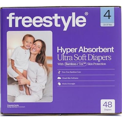 Freestyle BambooTek Diapers – (Size 4) Hyper Absorbent & Non-Toxic – Disposable Diapers for Sensitive Skin – Ultra Soft Diaper's (22-37 lbs) – 48 Count
