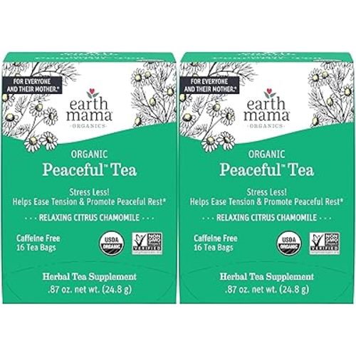 Earth Mama Organic Peaceful™ Tea | Stress Less! Calming, Relaxing Herbal Blend Safe for Pregnancy & Beyond, 16 Teabags Per Box (2-Pack)
