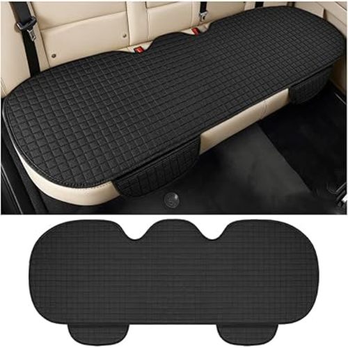 Car Back Seat Cover, Linen Breathable Vehicle Rear Bottom Bench Seat Protector with Storage Pocket, Anti-Slip Comfortable Long Automotive Rear Chair Cover, Universal for Vehicles (Black)