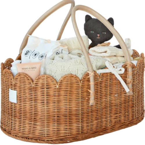 BEBE BASK Premium Baby Diaper Caddy Organizer - Handmade & Award-Winning Scalloped Rattan Basket - Luxury Diaper Caddy Basket - Elegant Scalloped Edge (Mocca)