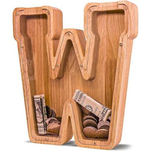 JOOMLAFLY Wooden Letter Piggy Bank for Kids Larger Letter Piggy Bank for Boys and Girls Personalized Piggy Bank Initial Coin Bank Wood Kids Money Bank for Birthday and Festival