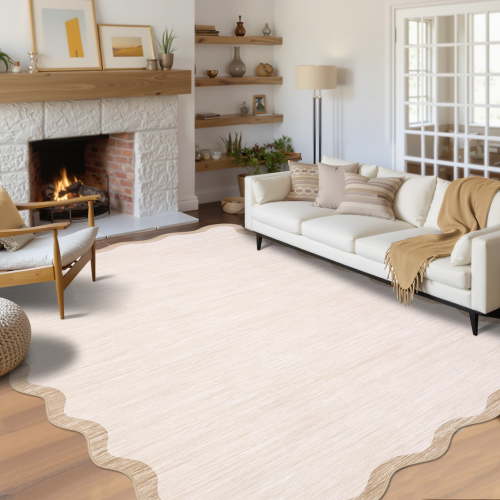 Garvee 5'x7' Modern Scalloped Rug Washable Rug with Non Slip Backing, Neutral Farmhouse Soft Low Pile Carpet for Living Room Bedroom Home Office, Beige