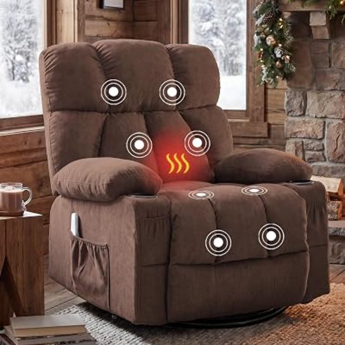 Oversized Massage Rocker Recliner Chair, 360°Swivel Rocking Recliner Sofa with Vibration Massage & Heat, Reclining Nursery Chair for Living Room with 4 Pockets 2 Cup Holders & USB Charge Port, Brown