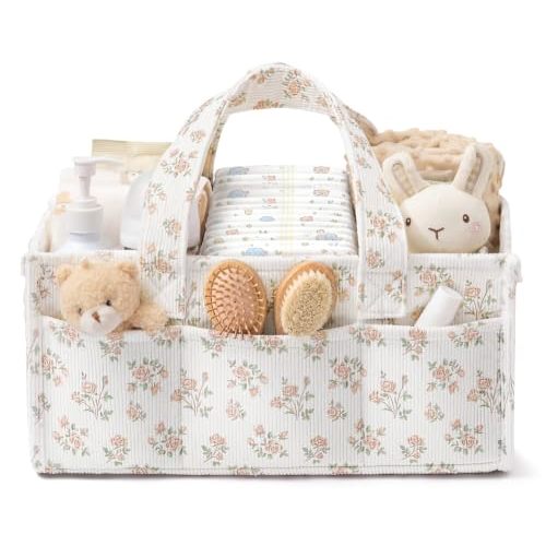 Corduroy Baby Diaper Caddy Organizer with Handles, Nursery Storage Basket | Portable Diaper Bag Car Caddy Organizer for Wipes, Girl Newborn Essentials Baby Shower Gifts Basket Registry Search Must Have