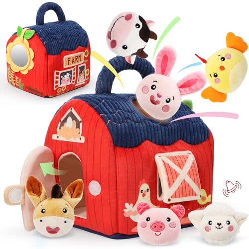 Baby Toys 6-12 Months - Soft Plush Surprise Barn Stuffed Farm Animals, Rattle, Crinkle, Mirror, Montessori Toys for Babies Sensory Toys for Toddlers 1-3, Baby Stocking Stuffers