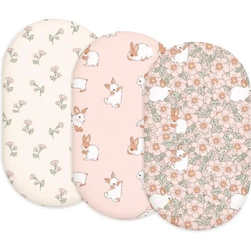 Bassinet Sheets for Baby Girls Boys 2 Pack, Fitted Baby Mattress Sheet for Rectangle, Oval, Hourglass Bassinet Mattress, Breathable Cozy & Universal Fit (Blush Bunny, Bassinet Sheet)