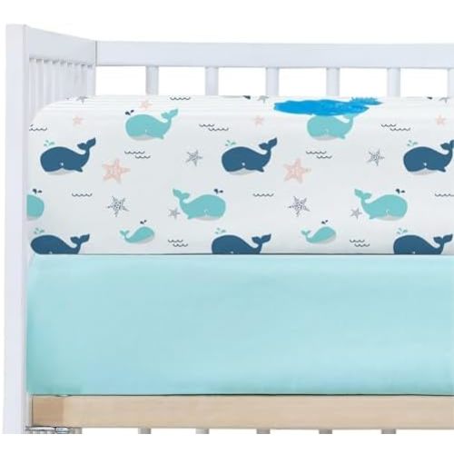 Little Grape Land Waterproof Crib Sheets,2 Pack Crib Sheet Fitted, 28"x 52" Ultra-Soft Waterproof Crib Mattress Protector for Neutral Baby Boys Girls (Whale)