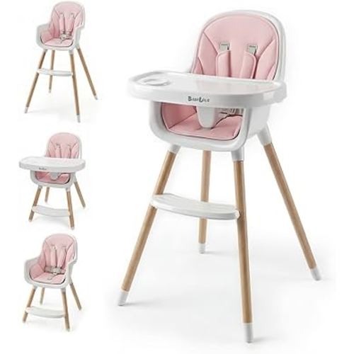 Baby High Chair, Wooden Highchair with Removable Tray, Adjustable Legs, Cushion, 5-Point Harness and Footrest for Infants, Baby, Toddlers, Pink