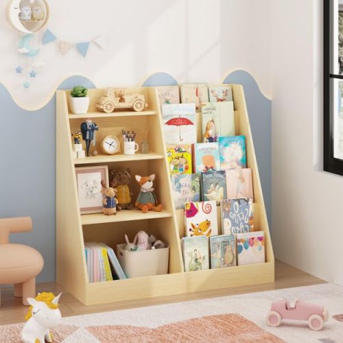 Kids Bookshelf and Toy Storage Organizer, 4-Tier Wooden Bookcase Display Stand for Kids Room, Playroom or Nursery, Natural