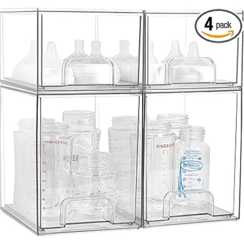 Baby Bottle Organizer, 4 Pack Clear Space-Saving Stackable Drawer with Handle, Baby Bottle Storage Organizer for Countertop and Cabinet
