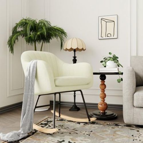 Nursery Rocking Chair with Rubber Wood Legs, Upholstered Glider for Living Room, Bedroom, Nursery, Supports Up to 350LBs, Beige