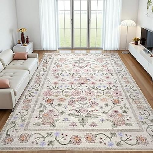 Maxsoft Large Area Rugs for Living Room Bedroom, 5x7 Washable Floral Area Rugs, Non-Slip and Stain Resistant Soft Throw Indoor Carpet for Dining Room Office Kitchen Dorm Home Decor, Pink
