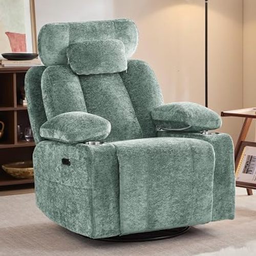 Swivel Rocker Recliner Chair for Adults, Electric Rocking Recliner Chairs with USB and Type-C Ports, Nursery Rocking Chairs with Cup Holders, Reclining Glider for Living Room, Nursery, Bedroom