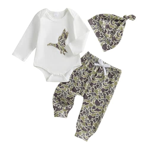 DSOKUHIB Newborn Baby Boy Hunting Outfit Deer Mallard Duck Romper Jungle Camo Pants Set Hat 3 Piece Fall Winter Clothes