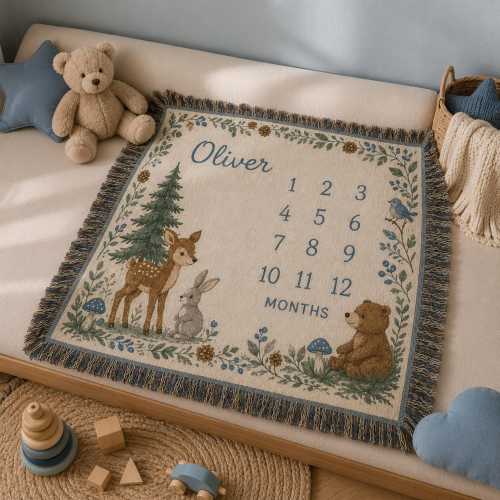 Personalized Baby Milestone Woven Blanket, Woodland Baby Month Blanket, Custom Baby Name Nursery Throw Gift B1F222