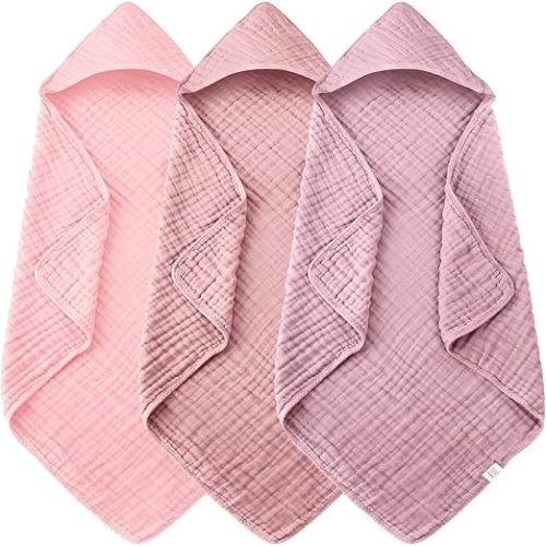 Ease Cubs 3-Pack Muslin Hooded Baby Towels, 100% Cotton, Ultra-Soft & Absorbent Baby Bath Towels with Hood for Babies, Infant, Toddler and Newbron (Pink and Sakura Series,32" x 32")