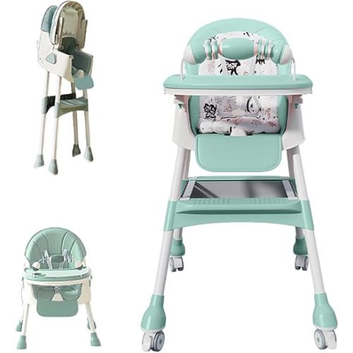 Foldable 4-in-1 Baby High Chair for Babies & Toddlers, High Chair with Detachable PU Cushion, Removable Tray, Adjustable Height, Locking Wheels,Mint Green