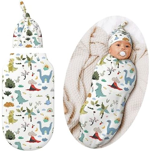 Dinosaur Swaddle Blankets Newborn Receiving Blanket Baby Swaddle with Hat, Dinosaur Sleeping Clothes for Baby Girls Boys