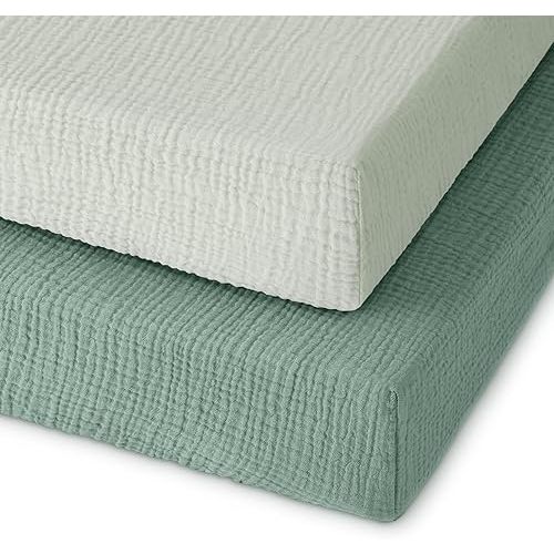 Muslin Pack and Play Sheets Fitted, 100% Cotton Mini Crib Sheets 2 Pack for Pack N Play Mattress, Stretchy Playard Sheet, Soft and Breathable Gradient Green