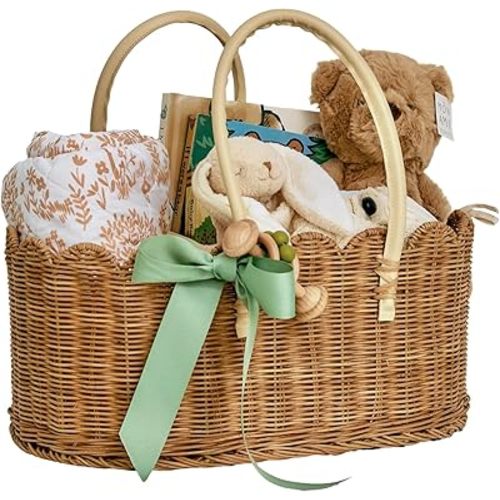 Handmade Rattan Diaper Caddy Organizer With Handles - Natural Baby Essentials Storage for Nursery