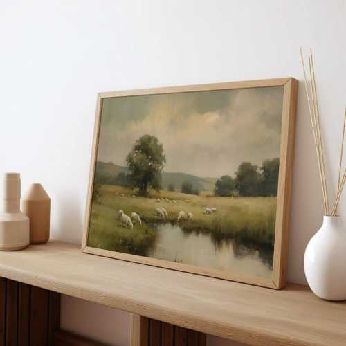 Christian Sheep In Pasture Print, Vintage Psalm 23 Landscape, Unframed Wall Art For Faith Filled Home Decor, ART288