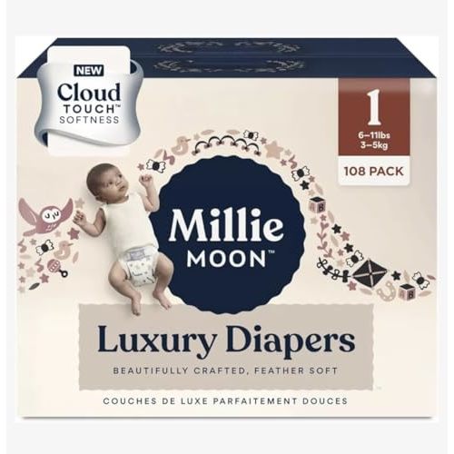 Millie Moon Luxury Diapers, Size 1 Cloud Touch Softness, Feather Soft, (100 Diapers)