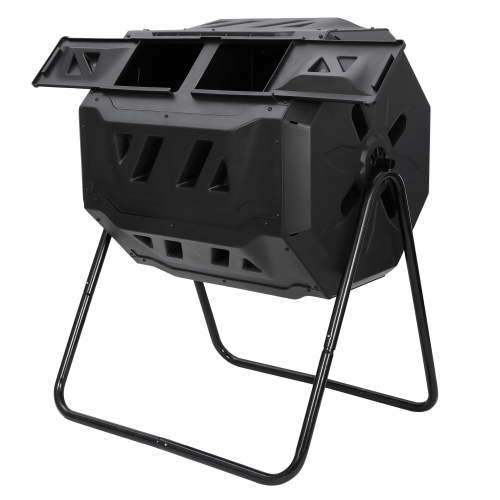 SuperDeal 43Gal Compost Bin Dual-Chamber Tumbling Fertilizer Tank Black Premium PP + Steel