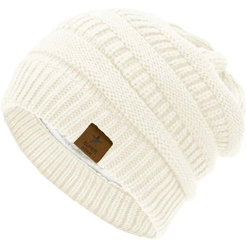 Zando Womens Knit Beanie Winter Thick Solid Fleece Lined Beanie Hats for Women Men Unisex Warm Skiing Beanies Ivory White