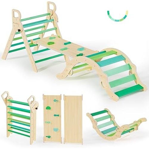 BlueWood Pikler Triangle Set, Toddler Wooden Climbing Toys Indoor 7in1 Foldable Climber for Kids, Montessori Philosophy Play Jungle Gym with Arch, Ramp, Ladder (Green Summer)