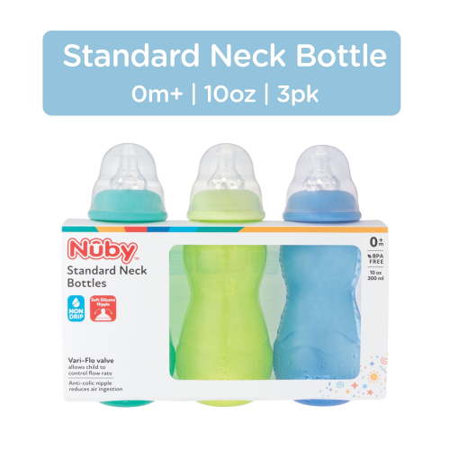 Nuby Non-Drip Standard Neck Bottle for Infants, 10 fl oz, 3 Count, Multicolor Bottles