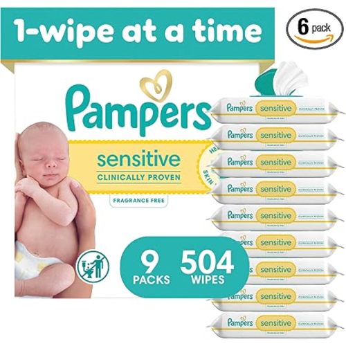 Pampers Sensitive Baby Wipes, Clinically Proven, Fragrance Free, Unscented, Water Based, Hypoallergenic, Multi-Use, Hand Wipes 504 Wipes Total (6X Flip-Top Packs) [Packaging May Vary]