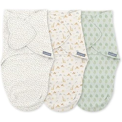 SwaddleMe by Ingenuity Monogram Collection Baby Swaddle, 100% Cotton, Improves Sleep & Calms Startle Reflex, 0-3 Months, Pocket Fold Design for Easy Changes, 1.0 TOG, 3-Pack - Safari Swaddle