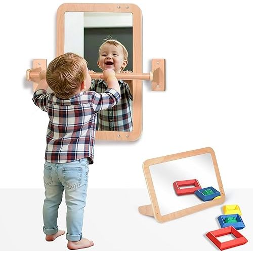 Montessori Baby 2-in-1 Shatterproof Safety Mirror with Pull-Up Bar - Infant Wall Mount & Floor Play for Tummy Time (6 Months+)