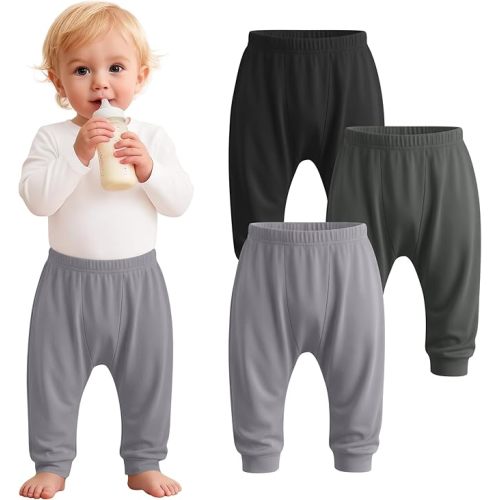 3 Pack Unisex Baby Jogger Pants Toddler Elastic Waist Soft Pull On Sweatpants for Baby Boys Girls 6 Months - 3T