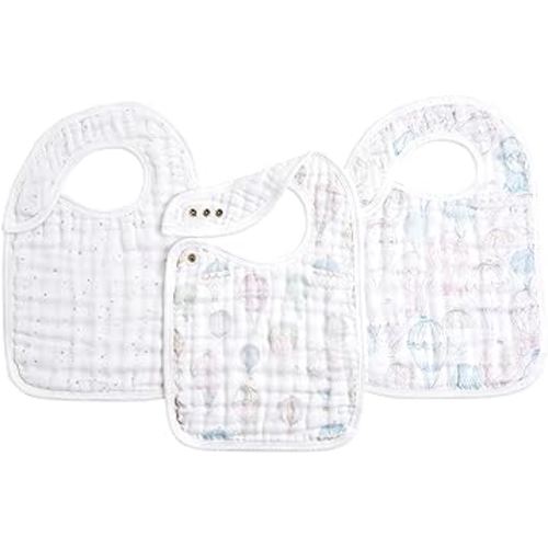 aden + anais 100% Cotton Muslin Snap Bib – Super Absorbent, Soft 3-Layer Baby Bib for Boys & Girls with Adjustable Snap-Closure for Teething, Eating, Drooling, 3-Pack, Above the Clouds