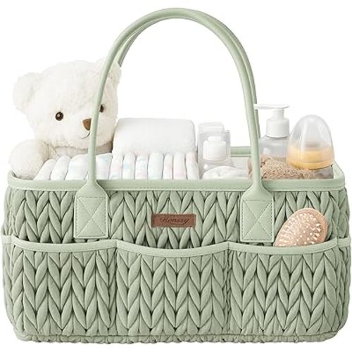 Konssy Braided Quilted Diaper Caddy Organizer, Boho Nursery Storage Basket with PU Leather Handles, Water-Repellent Portable Diaper Basket for Changing Table, Newborn Essentials (Fog Green)