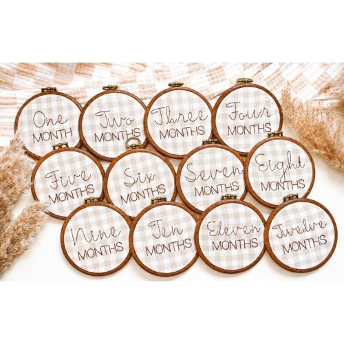 Embroidered Baby Milestone Cards, Neutral Gingham Hoops, First Year Keepsake