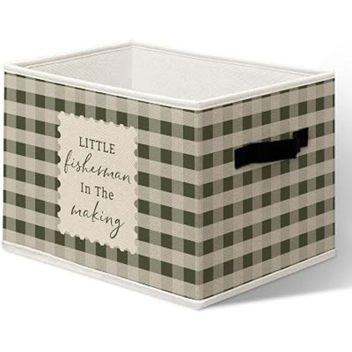 Vintage Boys Nursery Decor Storage Boxes,Little Fisherman in the Making Cube Storage Bin for Toddler Room, Cabin Green Checkered Organizer Bins for Shelves, 14.2"x10.6" x10.6"