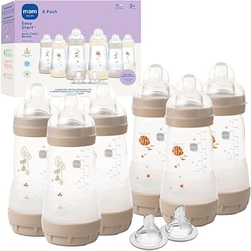MAM 9oz Easy Start Anti-Colic Baby Bottles, Medium Flow with 2 Bonus Nipples Set (Fast & Extra Fast Flow), Reduces Colic, Gas, & Reflux, Easy-to-Clean, BPA-Free, 2+ Months, Made in Europe Pack of 6