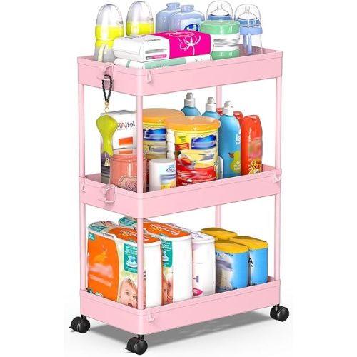 SPACEKEEPER Rolling Storage Cart 3 Tier, Bathroom Cart Organizer Laundry Room Organizer Utility Cart Mobile Shelving Unit Multi-Functional Shelves for Office, Kitchen, Bathroom, Pink